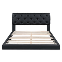 Queen Size Tufted Upholstered Platform Bed, Black Box Spring Not Required Queen Black Wood Bedroom Bed Frame Faux Leather Upholstered