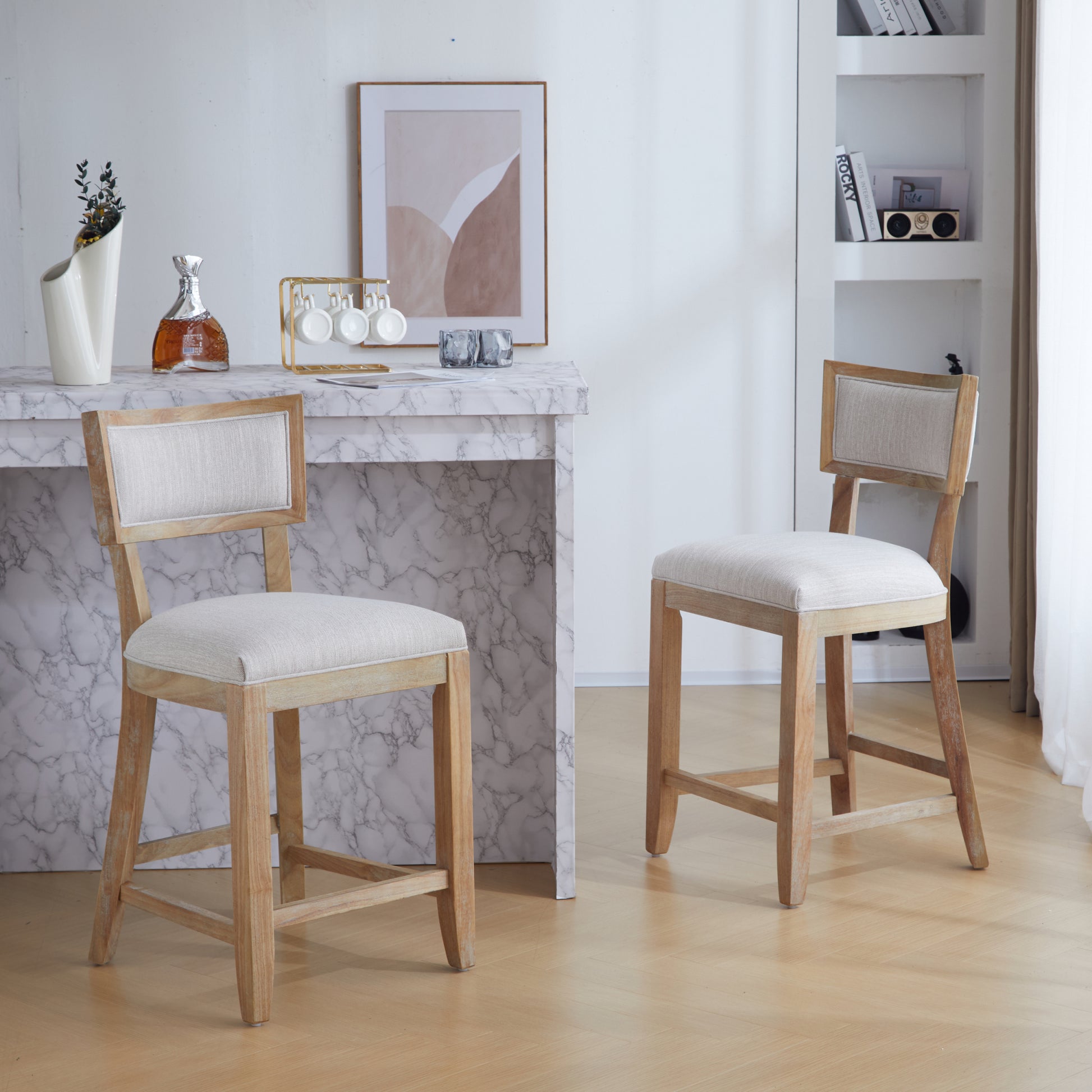 26.5" Counter Stools Set Of 2, Upholstered Counter Height Bar Stools With Comfy Back, Solid Rubber Wood Frame, Backrest, Footrest, Armless Barstools For Home Bar, Kitchen Counter, Beige & Natural Beige Natural Set Of 2 Fabric