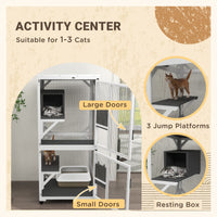 Pawhut Wooden Catio With Waterproof Roof, Large Cat House With High Up Resting Box, Indoor & Outdoor Cat Enclosure With Wheels, For 1 3 Cats, White White Wood