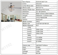 52 Inch Crystal Ceiling Fan Lamp With Hand Pull Chain 3 Speed High, Mid, Low , 5 Reversible Blades Ceiling Fan Chrome ,3Pcs*E12 No Include Bulb Chrome American Traditional,Antique,Classic,Contemporary Plywood Metal