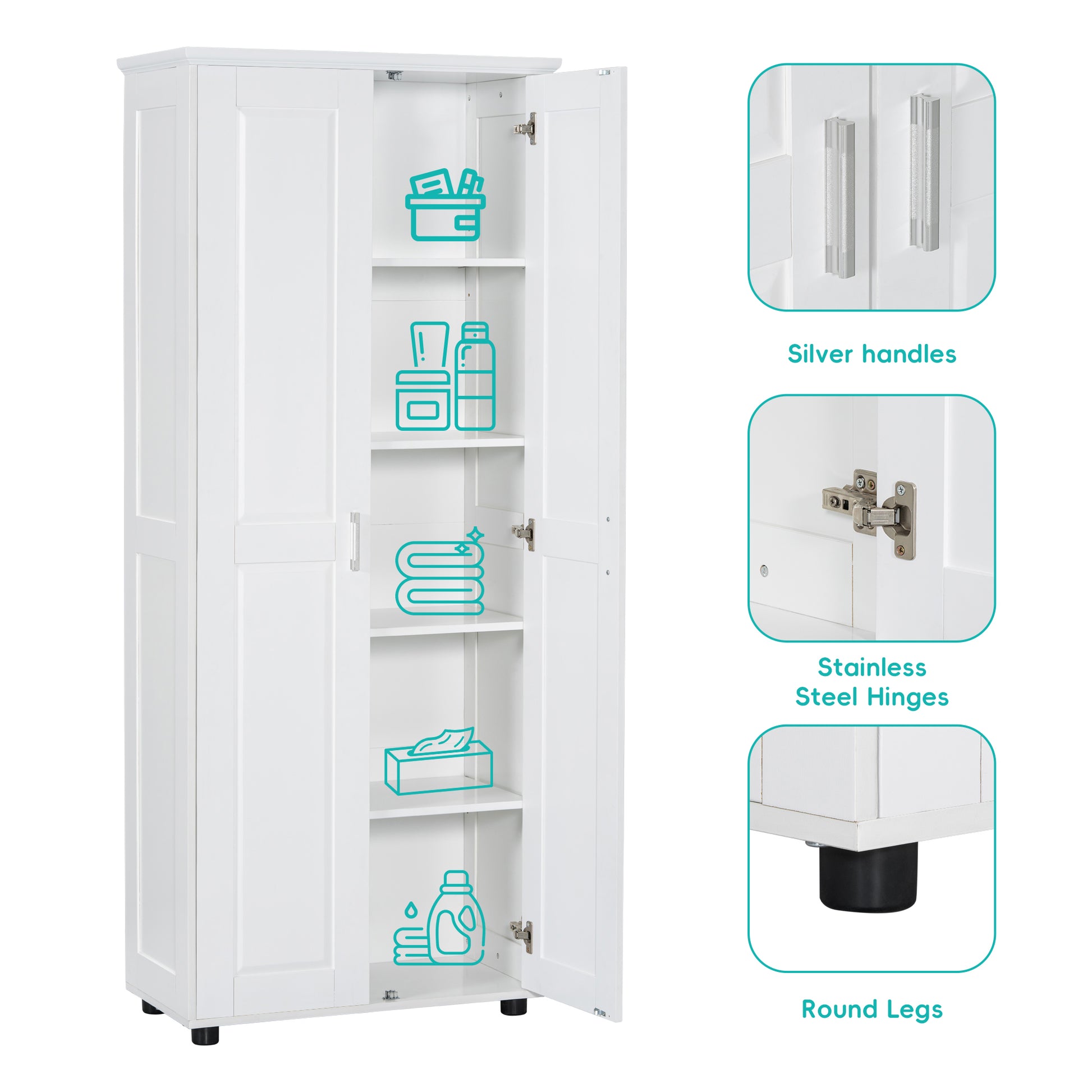 Storage Cabinet With Two Doors For Bathroom, Office, Adjustable Shelf, Mdf Board, White White Mdf