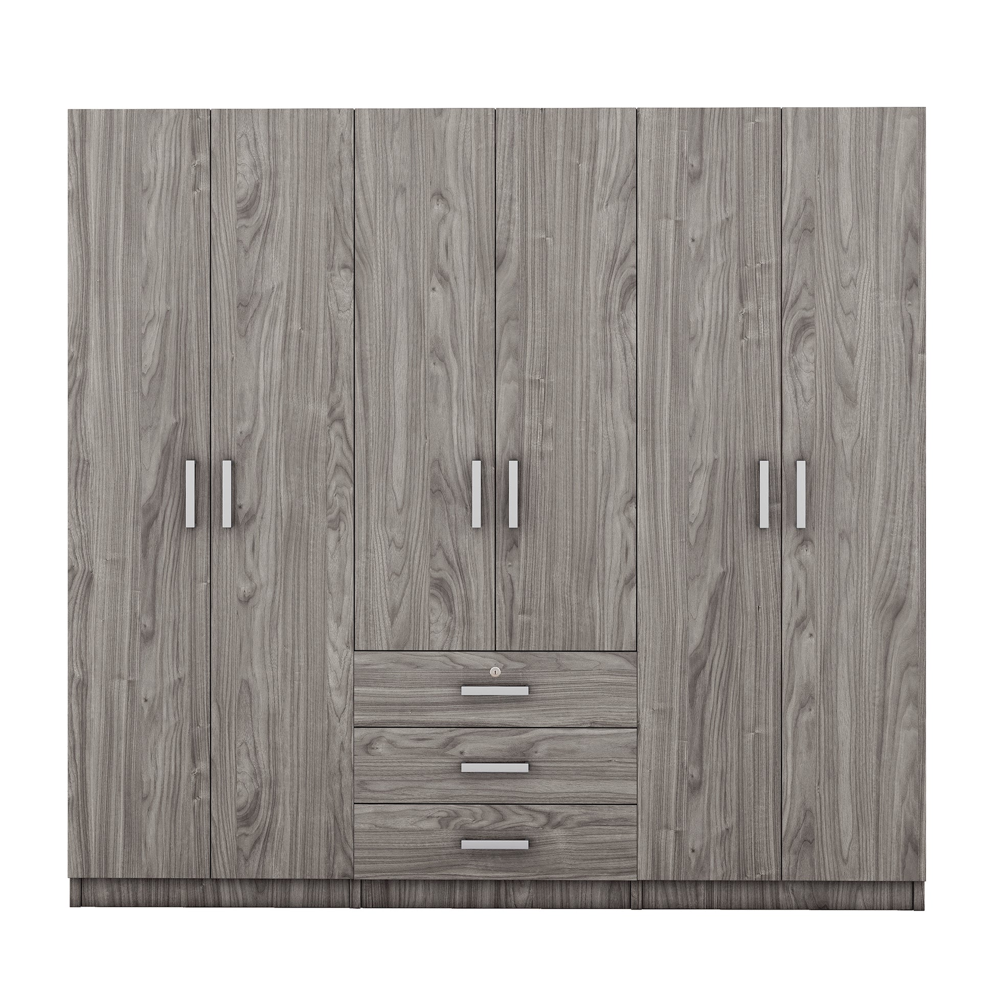 6 Doors Wooden Wardrobe Storage For Bedroom, With Big Drawers, Gray Gray Plywood