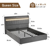 Queen Lift Up Storage Bed Frame With Charging Stationand Led Light, Wingback Upholstered Platform Bed Frame, Wooden Slats Support, No Box Spring Needed, Noise Free, Dark Gray Box Spring Not Required