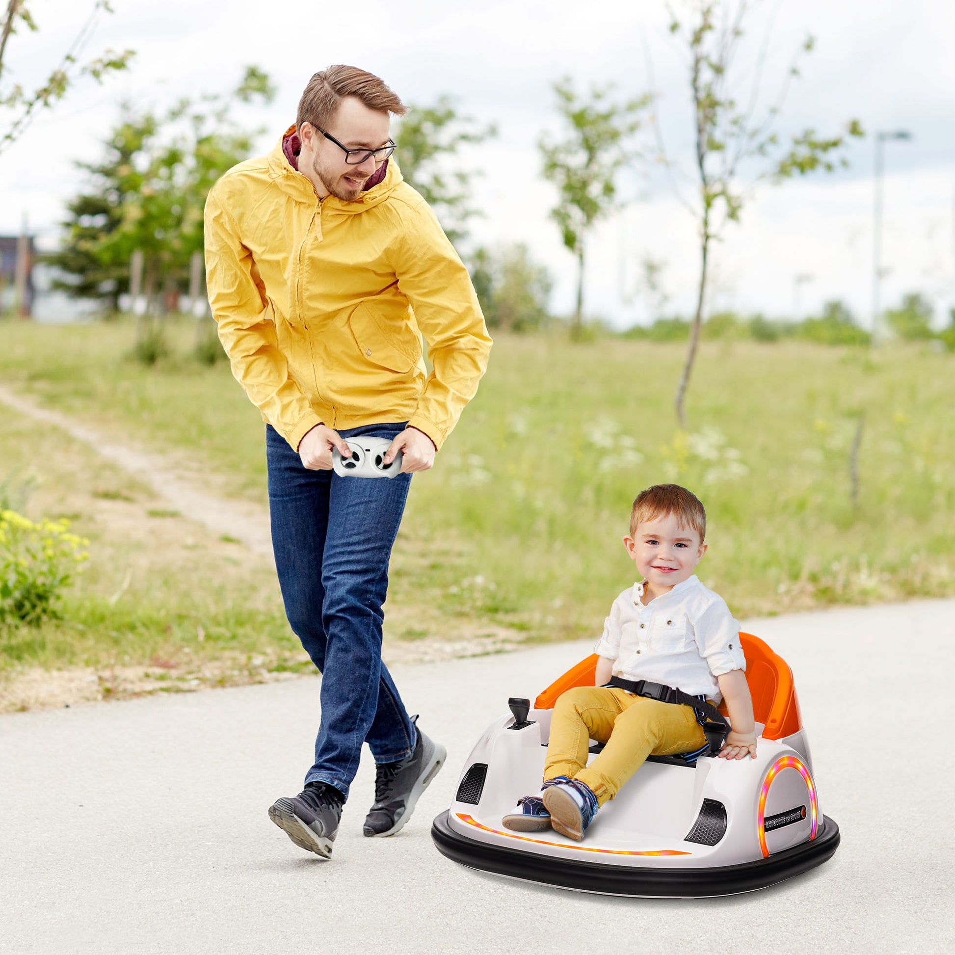 Qaba 12V Toddler Bumper Car Ride On Toy For Kids 1.5 5 Years Old, Baby Bumper Car With Remote Control, Led Lights, 360 Degree, Music, Orange Orange Plastic