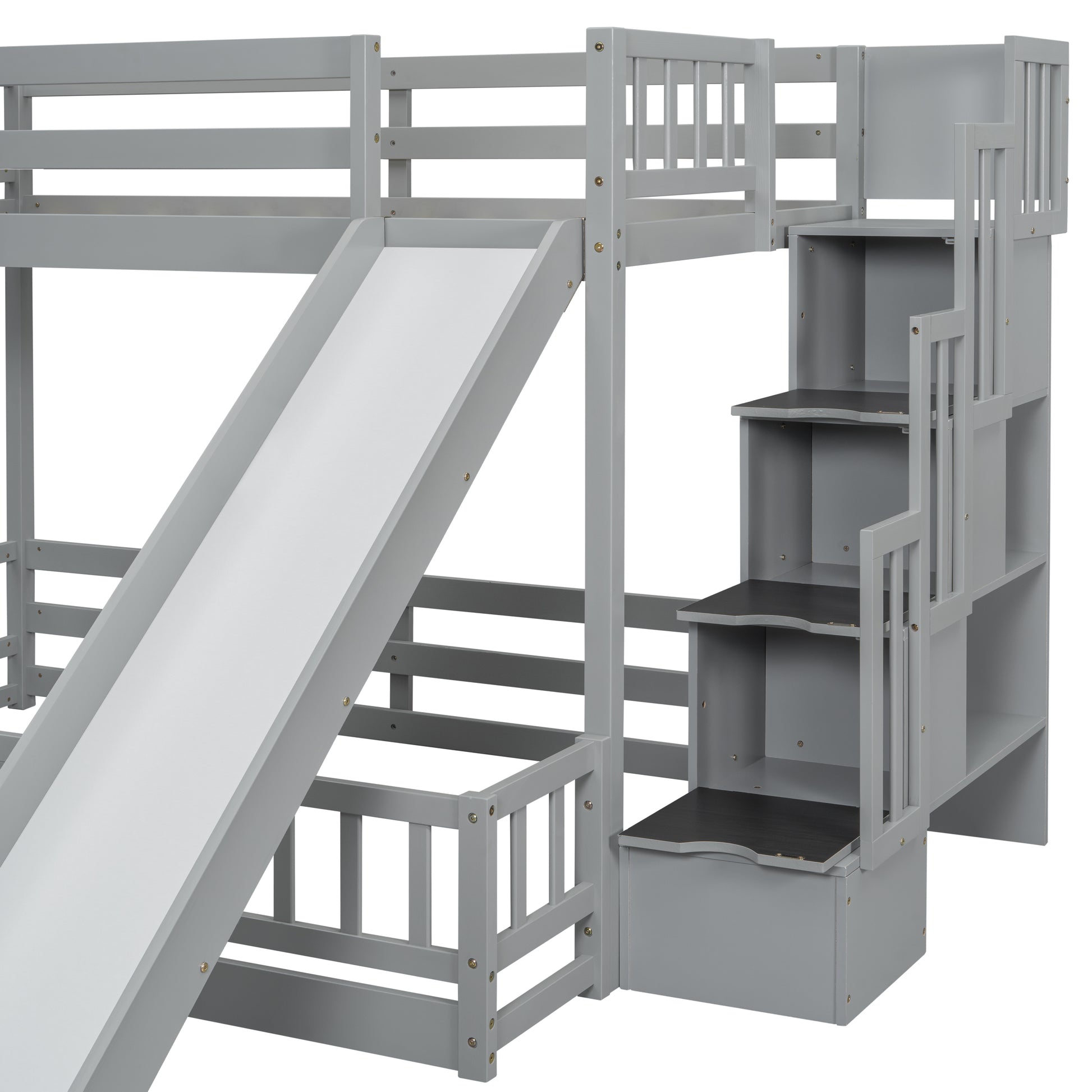 Twin Over Full Bunk Bed With Slide, Storage Staircase, Pine Solid Wooden Bunk Bed With Safety Guardrails ,Grey Grey Pine