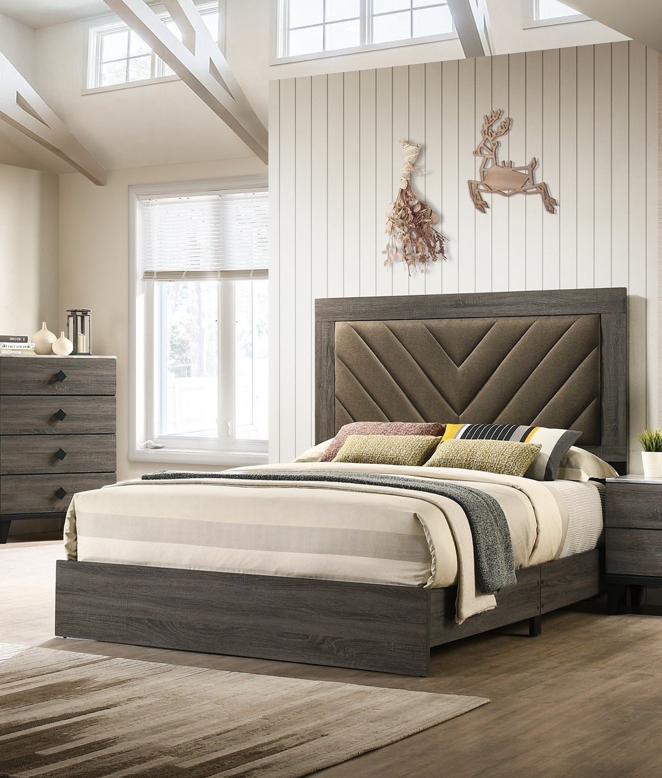 Contemporary 1Pc California King Size Bed Bedroom Furniture Upholstered Headboard Rubberwood 1Pc Bedframe Gray Finish Box Spring Required California King Gray Wood Bedroom