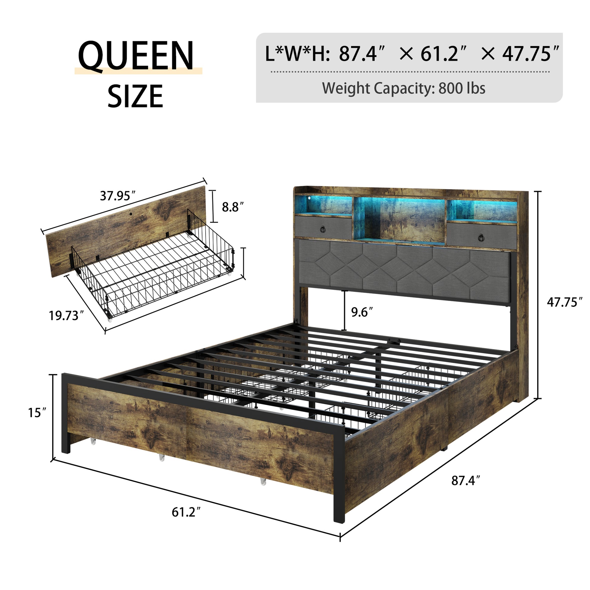 Bed Frame Queen Size With Drawers And Charging Station, Upholstered Platform Bed With Storage Headboard And Led Light, Heavy Duty Metal Frame Support, No Box Spring Needed, Noise Free, Vintage Brown