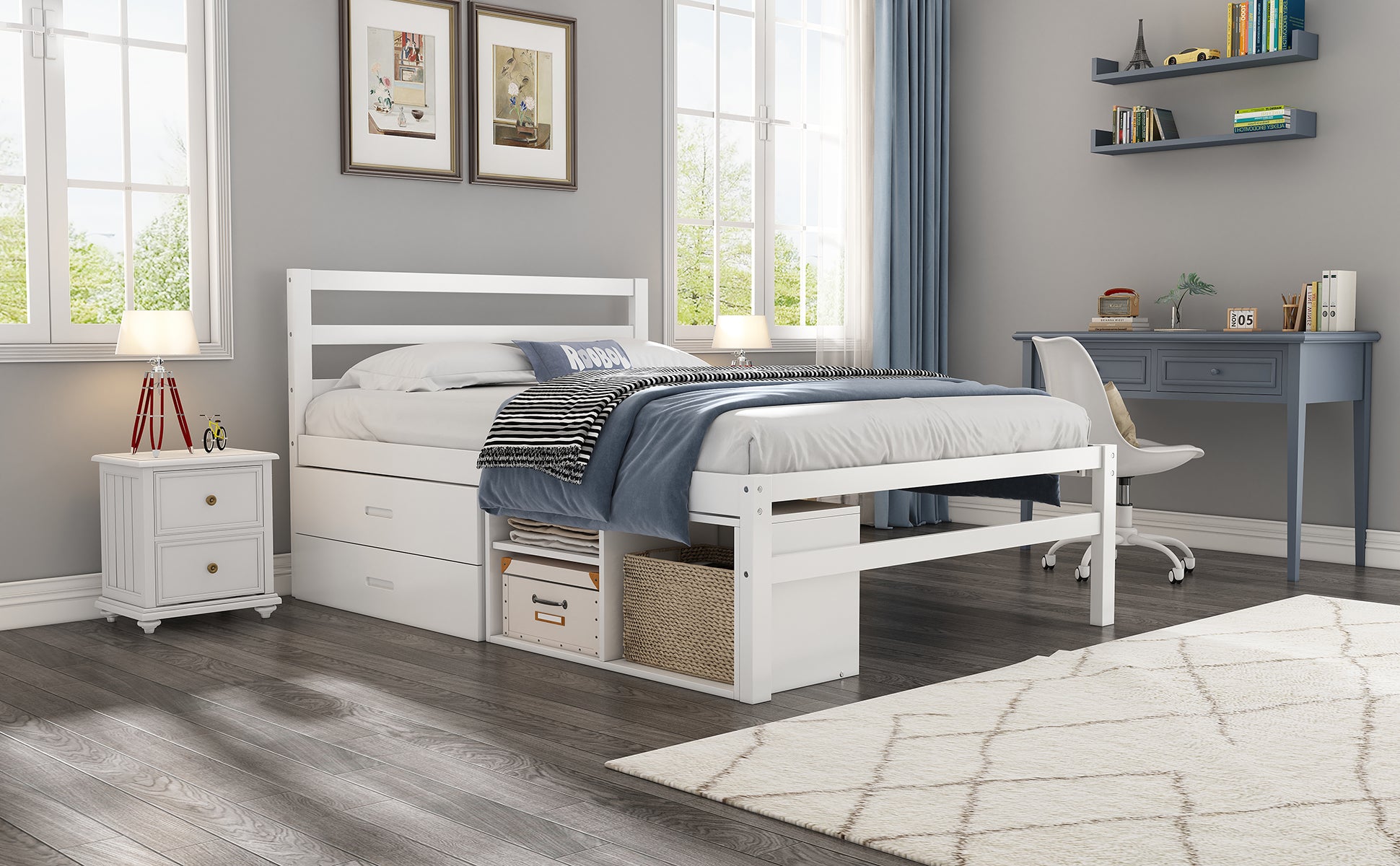 Full Size Wood Platform Bed With Removable Storage Shelves, Built In Two Storage Drawers For Added Convenience, White Full White Wood