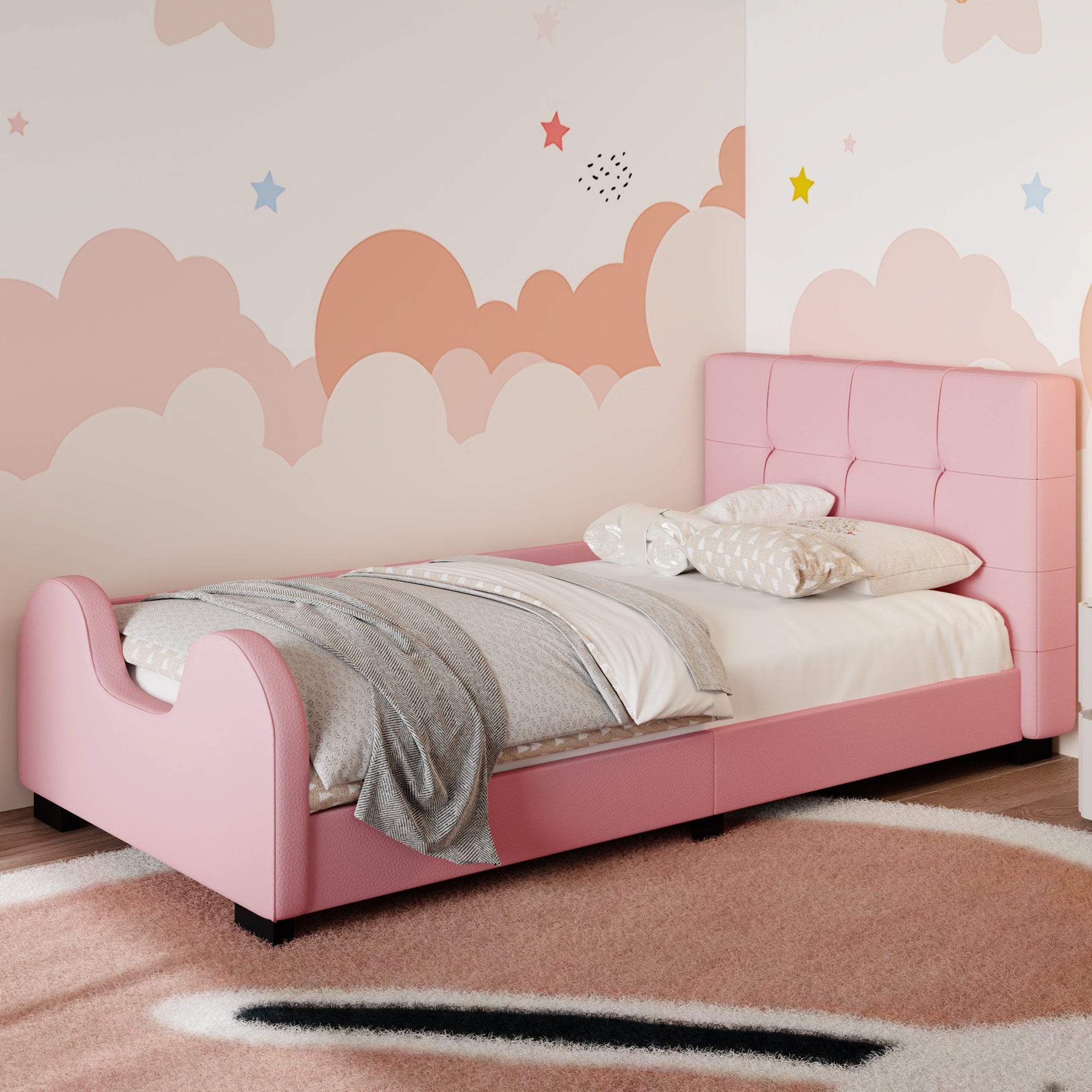 Twin Size Upholstered Platform Bed With Guardrail, Pink Box Spring Not Required Twin Pink Wood Faux Leather Upholstered