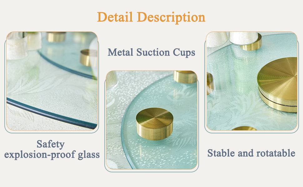 Double Layer Rotatable Round Glass.Golden Aluminum Plate,The Rotatable Design Makes It Convenient To Retrieve And Place Items.The Upper Glass Has A Diameter Of 24 Inches, The Lower Glass15 Inches.