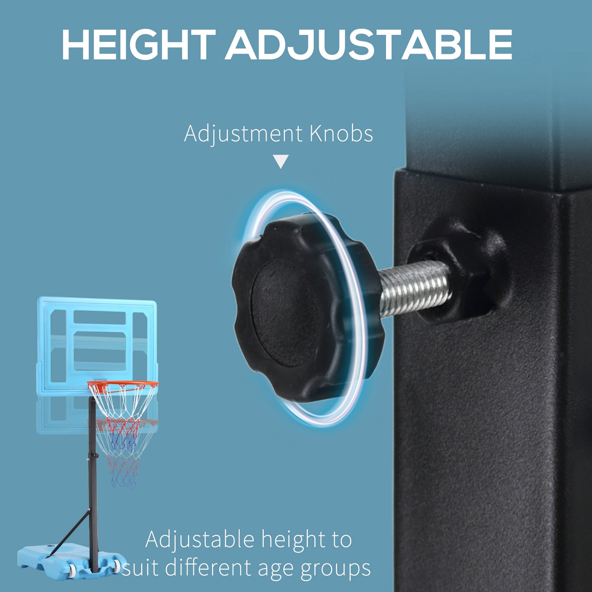 Soozier Poolside Basketball Hoop Stand, 36.5" 48.5" Height Adjustable Portable Hoop System W Clear Backboard & Fillable Base For Whole Family, Blue, Black, Red Multi Steel