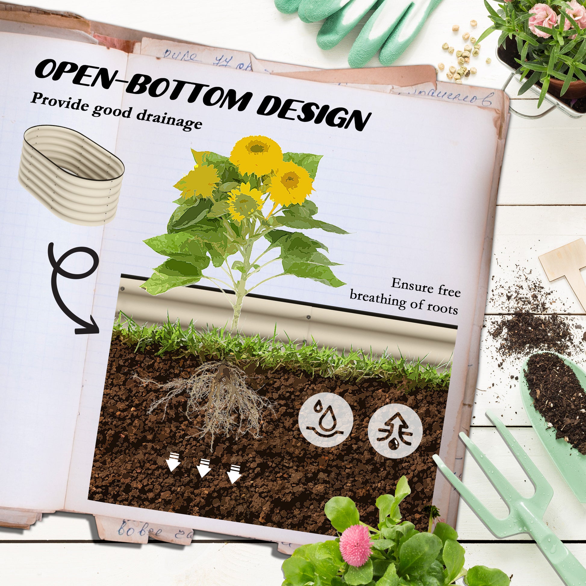 Outsunny 3.5' X 2' X 1.4' Galvanized Raised Garden Bed Kit, Outdoor Metal Elevated Planter Box With Safety Edging, Easy Diy Stock Tank For Growing Flowers, Herbs & Vegetables, Cream Cream White Steel