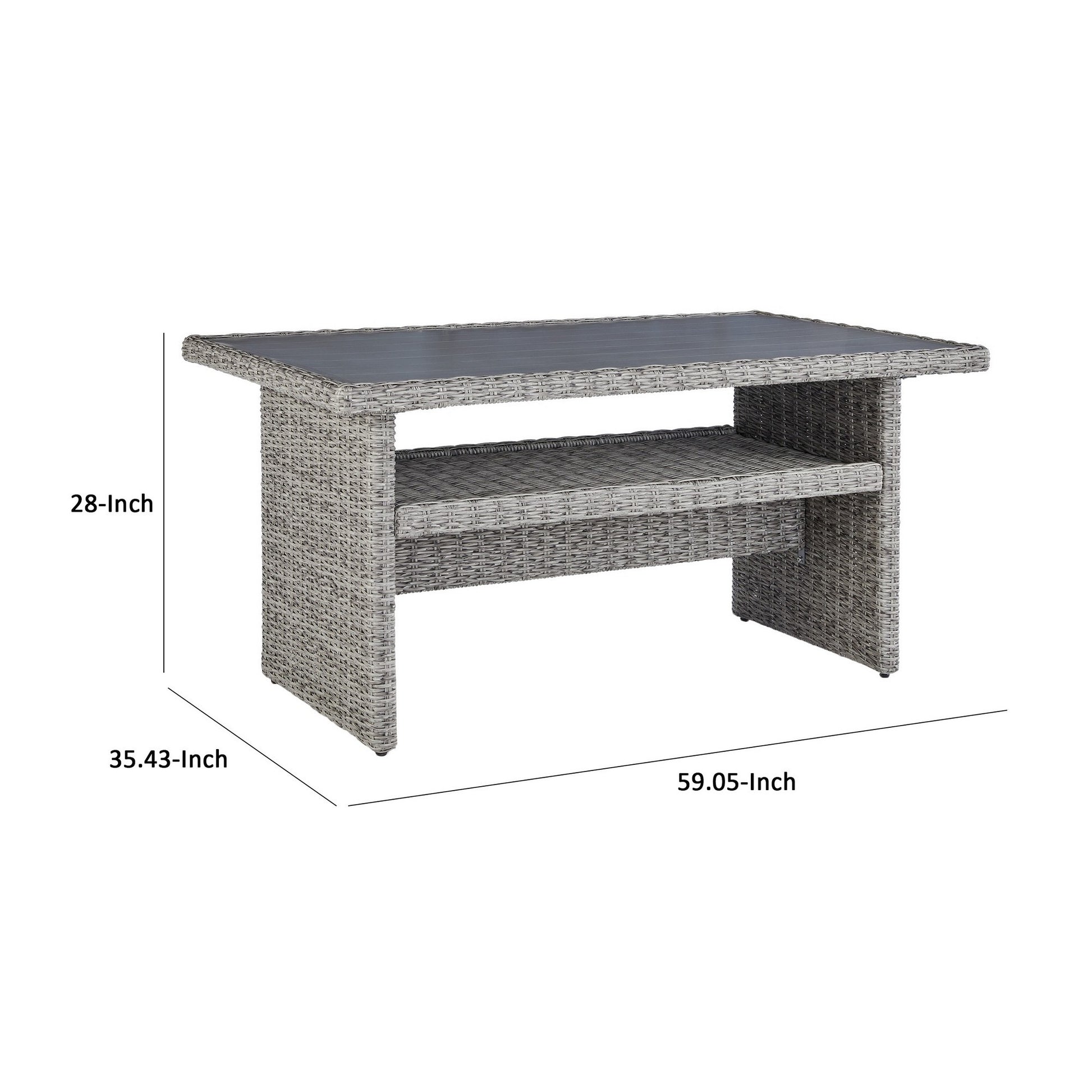 Dune 59 Inch Outdoor Table, Smooth Gray Resin Wicker, Open Bottom Shelf Gray Aluminium