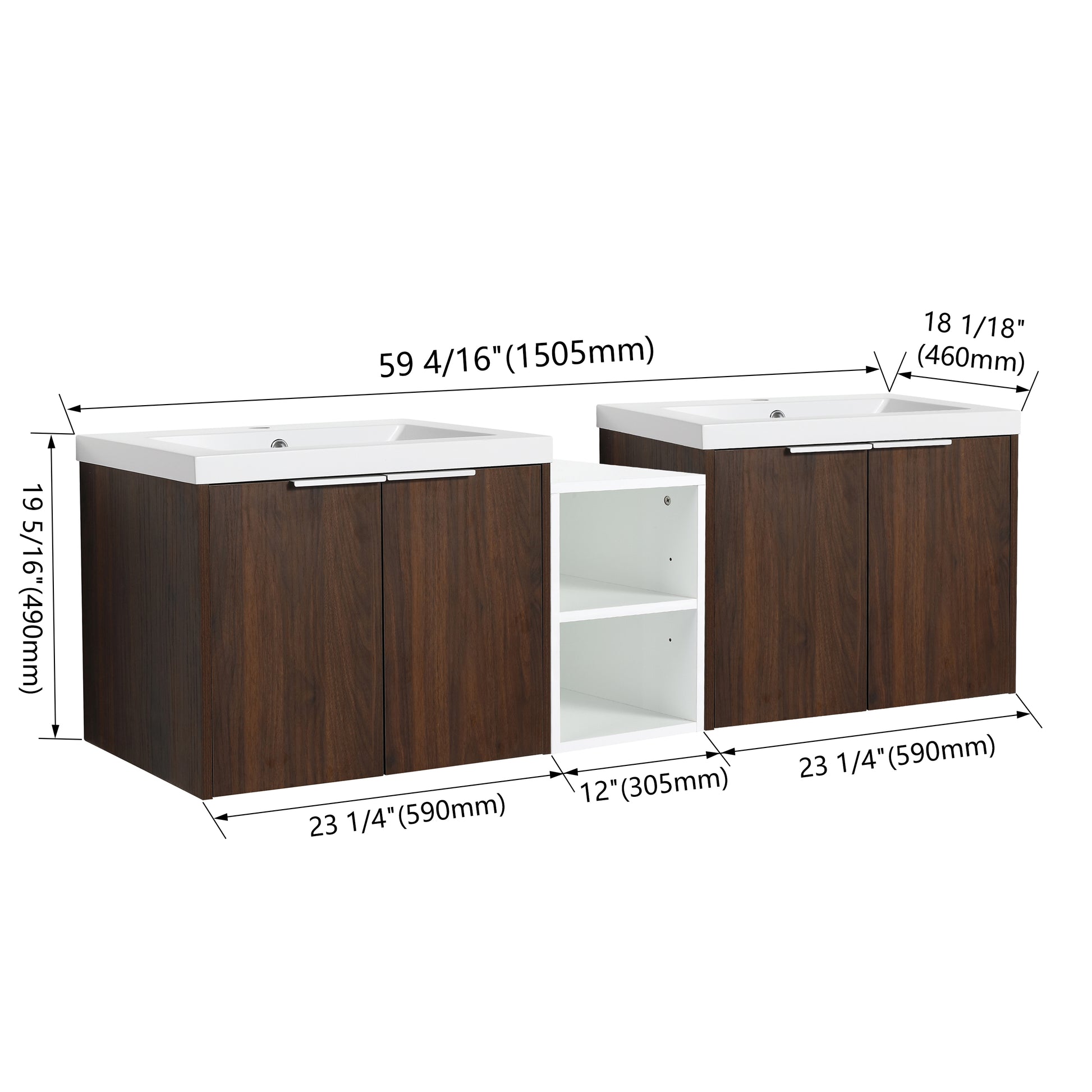 60 Inch Soft Close Doors Bathroom Vanity With Sink, A Small Storage Shelves, 24" And 12" Combination Cabinet, Kd Packing California Walnut 4 1 Bathroom Wall Mounted Modern Plywood