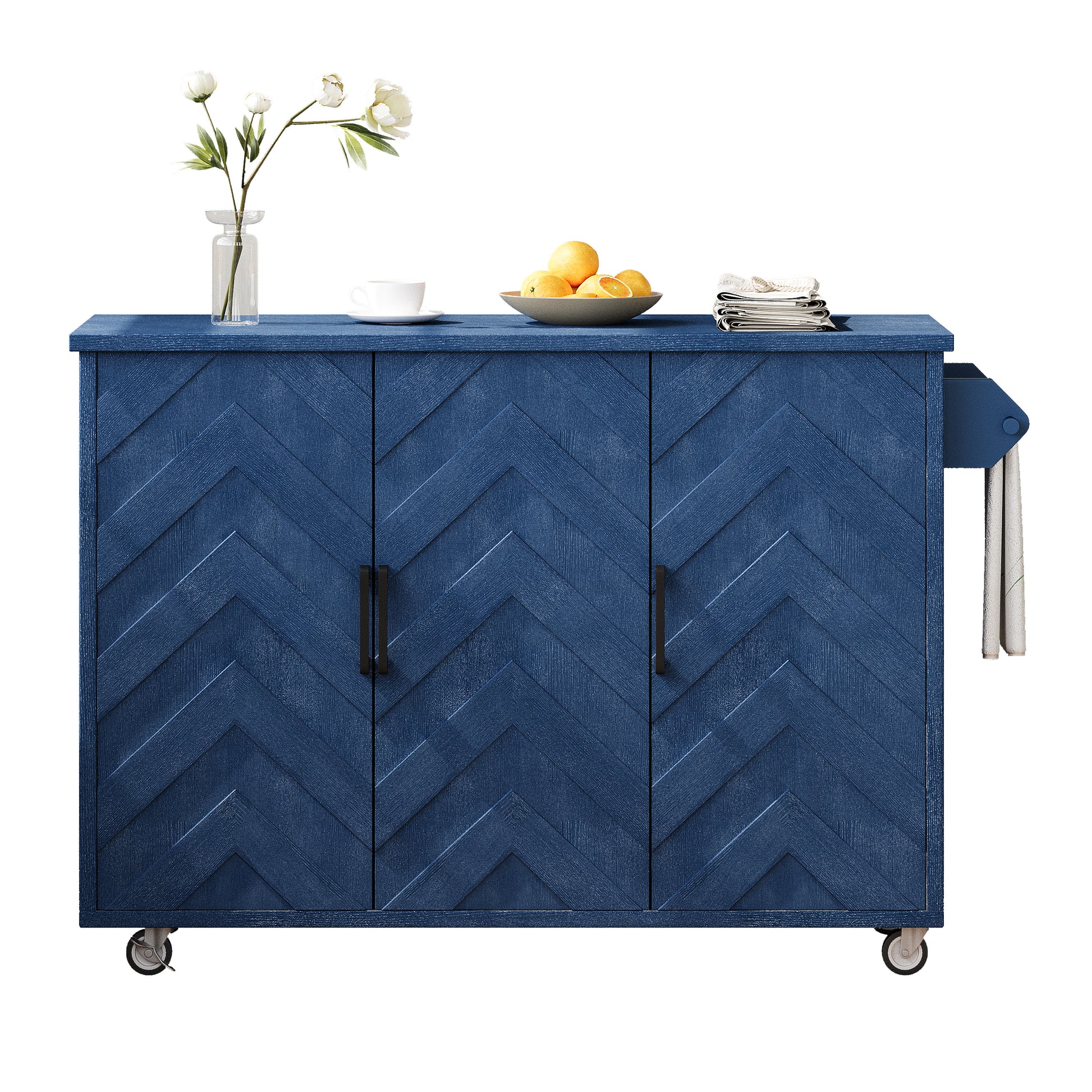 K&K 51.2"W 3D Wave Stripes Ash Veneer Not Cheap Paper Kitchen Island With Drop Leaf, Farmhouse Kitchen Island On Wheels With Internal Storage Rack, Rolling Kitchen Cart Navy Blue Navy Blue Nature