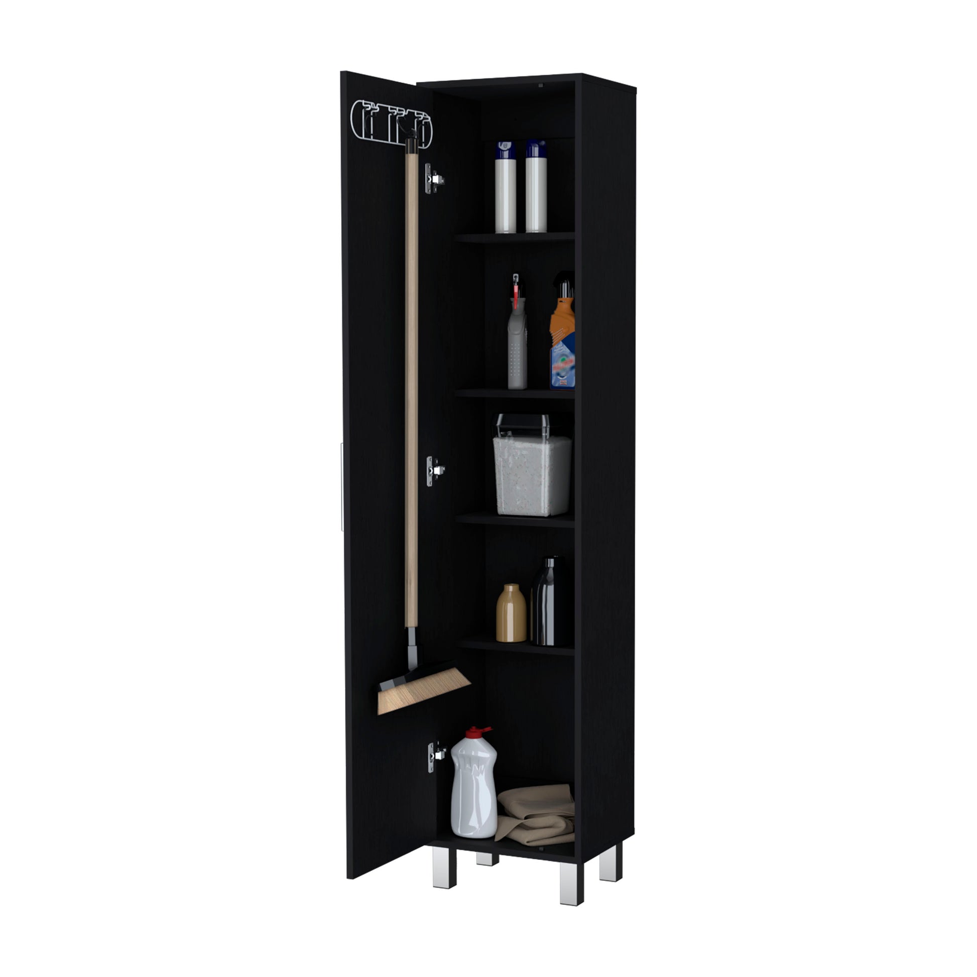 Lawen Tall Storage Cabinet, Single Door, 3 Broom Hangers Freestanding 3 4 Spaces Black Dining Room Contemporary Particle Board Melamine