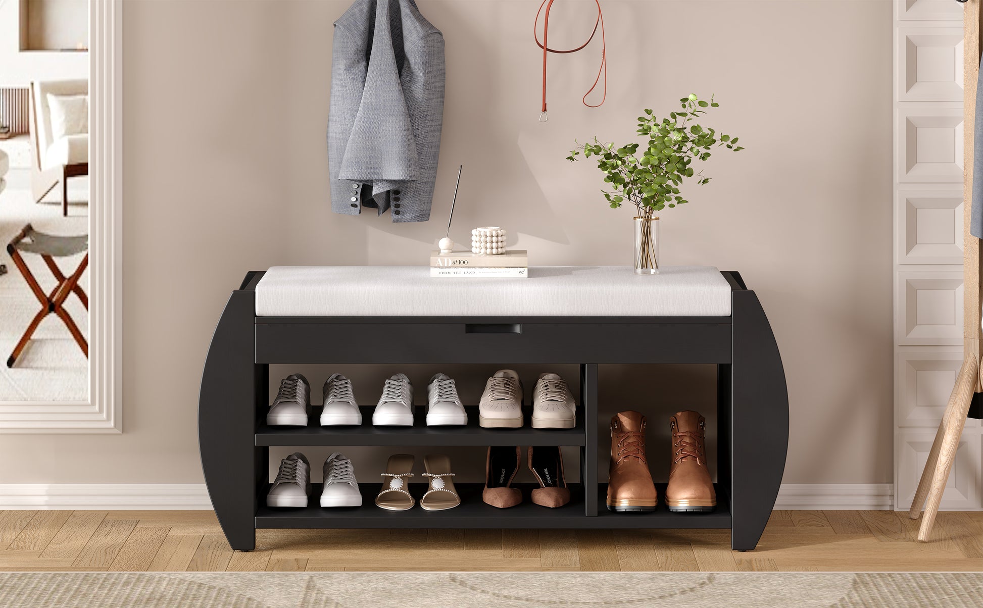 Retro Multifunctional Storage Bench With Cushion And Curved Side Panel For Entrance And Living Room Black Black Mdf