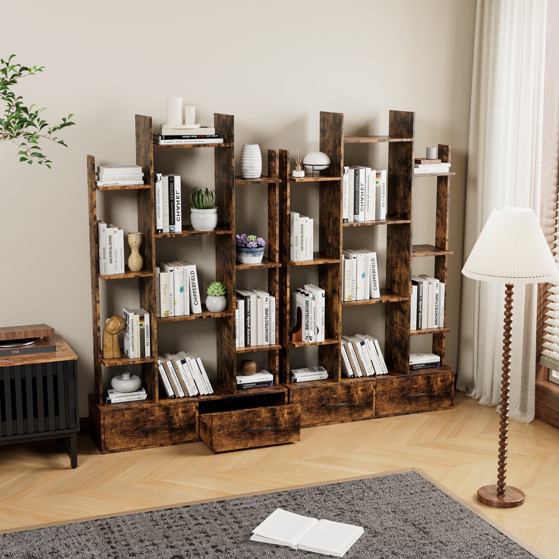 Bookshelf With 2 Drawers, Industrial Freestanding Open Display Shelving, Vintage Open Bookcase, 12 Storage Shelves, Book Case For Bedroom, Living Room, Home Office, Rustic Brown Deep Rustic Brown Metal