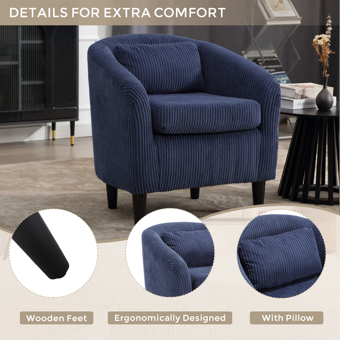 Coolmore Living Room Accent Barrel Chair, Century Modern Style Decorative Chair, Armchair For Living Room With Thick Cushions And Pillows, Comfy Single Sofa Chair, Chair With Wooden Legs,Blue Blue Corduroy