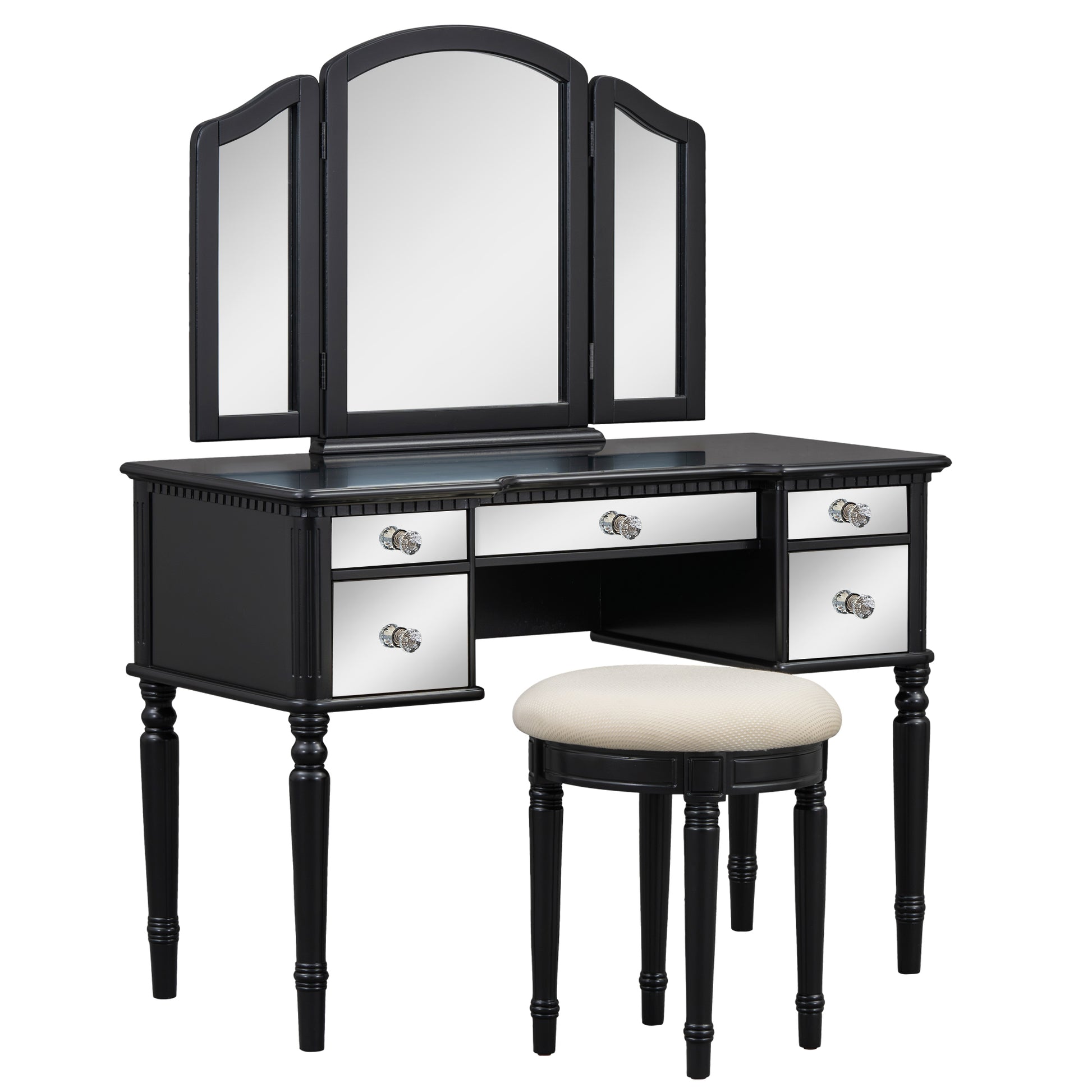 43" Dressing Table Set With Mirrored Drawers And Stool, Tri Fold Mirror, Makeup Vanity Set For Bedroom, Black Black Solid Wood Mdf