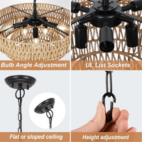 Boho Rattan Chandelier, 6 Light Dining Room Light Fixture, Wicker Pendant Lighting With 4 Tier Woven Lampshade, Large Farmhouse Chandeliers For Dining Room Bedroom Kitchen Living Room 20" Brown Rattan Metal