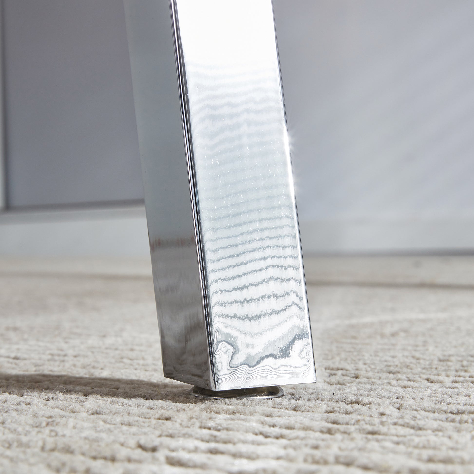 Table And Chair Set.Large Modern Rectangular Table With Brown Glass Top And Silver Metal Legs. Paired With 6 White Chairs With Checkered Armless High Back Pu Cushion And Silver Metal Legs.