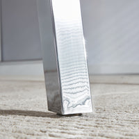 Table And Chair Set.Large Modern Rectangular Table With Brown Glass Top And Silver Metal Legs. Paired With 6 White Chairs With Checkered Armless High Back Pu Cushion And Silver Metal Legs.