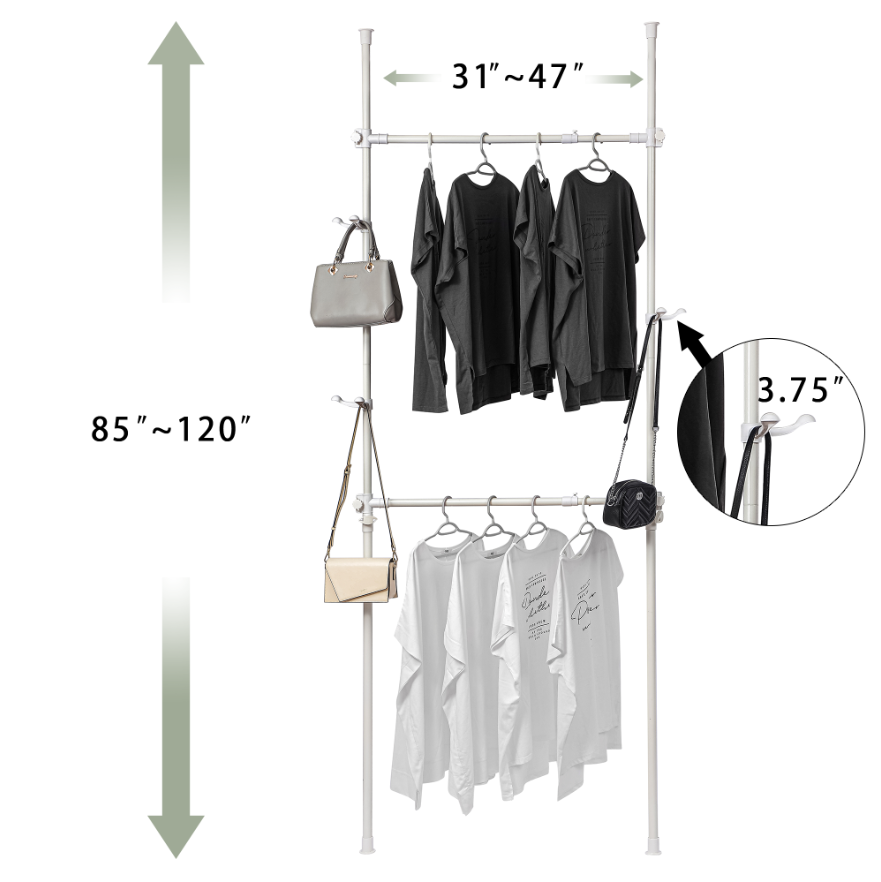 Telescopic Garment Rack, Heavy Duty Design Movable Diy By Hand No Damage To Wall Ceiling Hanging Rail, 31 47In Wide Adjustable, 120 Kilogram Loading, Reach Hook Included, White White Primary Living