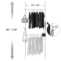 Telescopic Garment Rack, Heavy Duty Design Movable Diy By Hand No Damage To Wall Ceiling Hanging Rail, 31 47In Wide Adjustable, 120 Kilogram Loading, Reach Hook Included, White White Primary Living