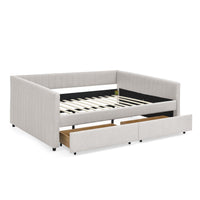 Queen Size Daybed With Two Drawers Trundle Upholstered Sofa Bed, With Vertical Stripes, Linen Fabric, Beige 86.5"X65"X30" Beige Linen