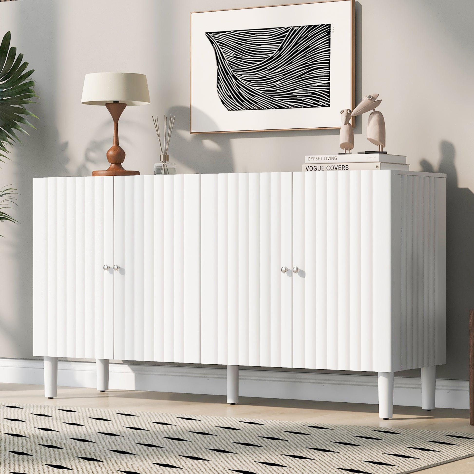 Elegant Four Door Sideboard With Wavy Pattern Doors, Cylindrical Legs, And Sleek Metal Handles, Adjustable, Suitable For Study, Entryway And Living Room White Primary Living Space American Design