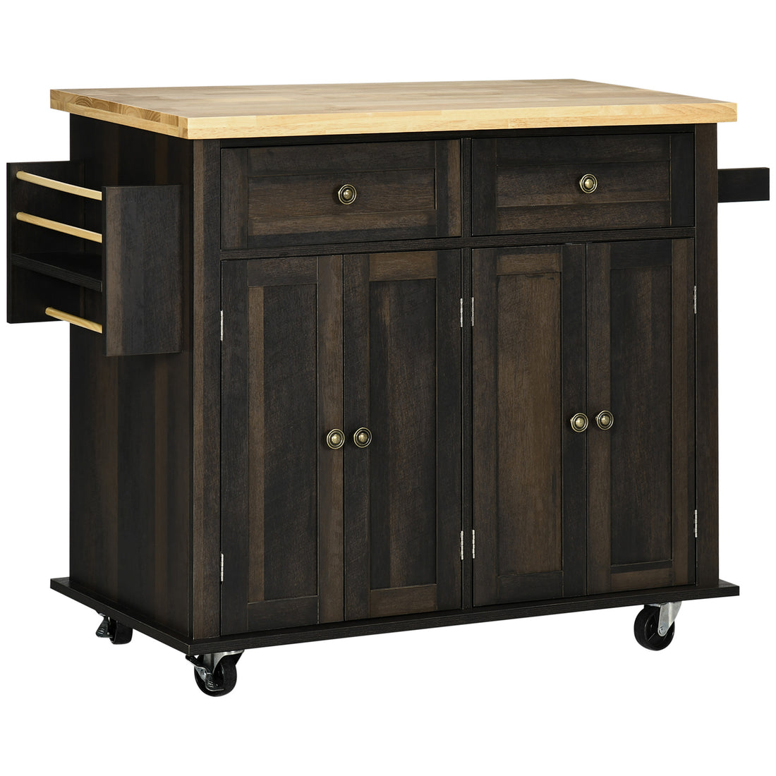 Homcom Modern Rolling Kitchen Island Cart With Spice Rack, Brown Oak Brown Oak Mdf