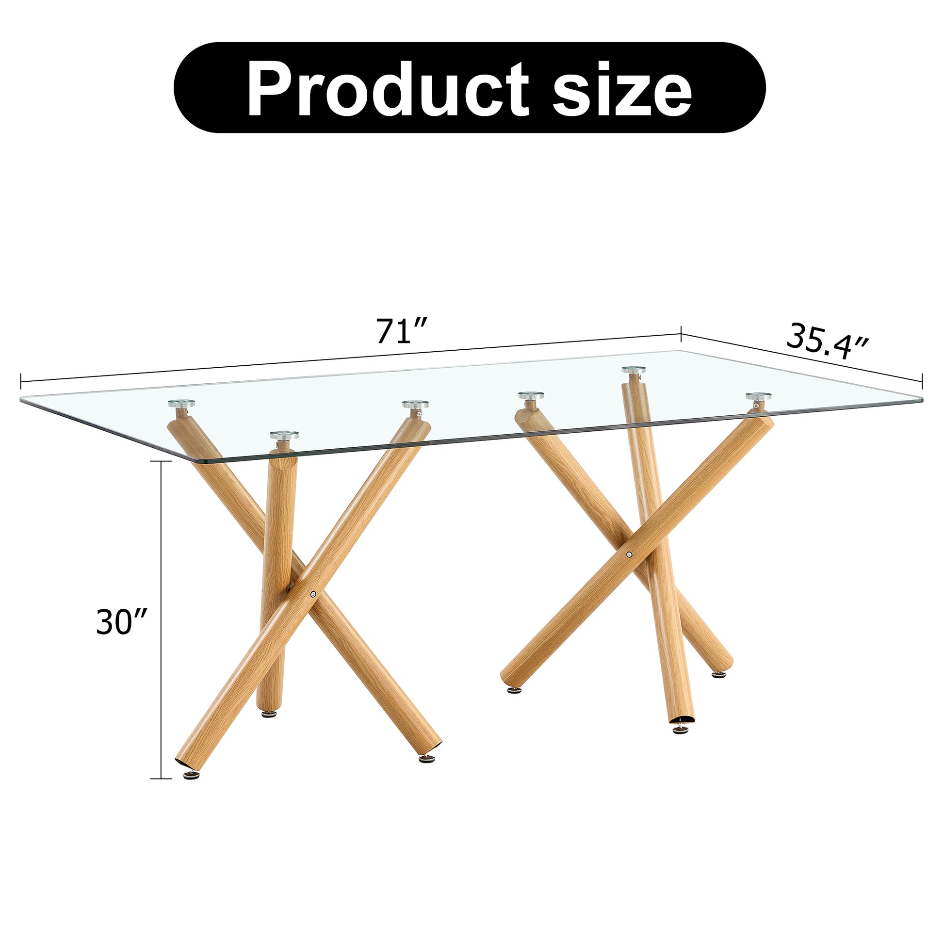 Large Modern Minimalist Rectangular Glass Dining Table For 6 8 With 0.39" Tempered Glass Tabletop And Wood Color Metal Legs, For Kitchen Dining Living Meeting Room Banquet Hall Transparent Glass