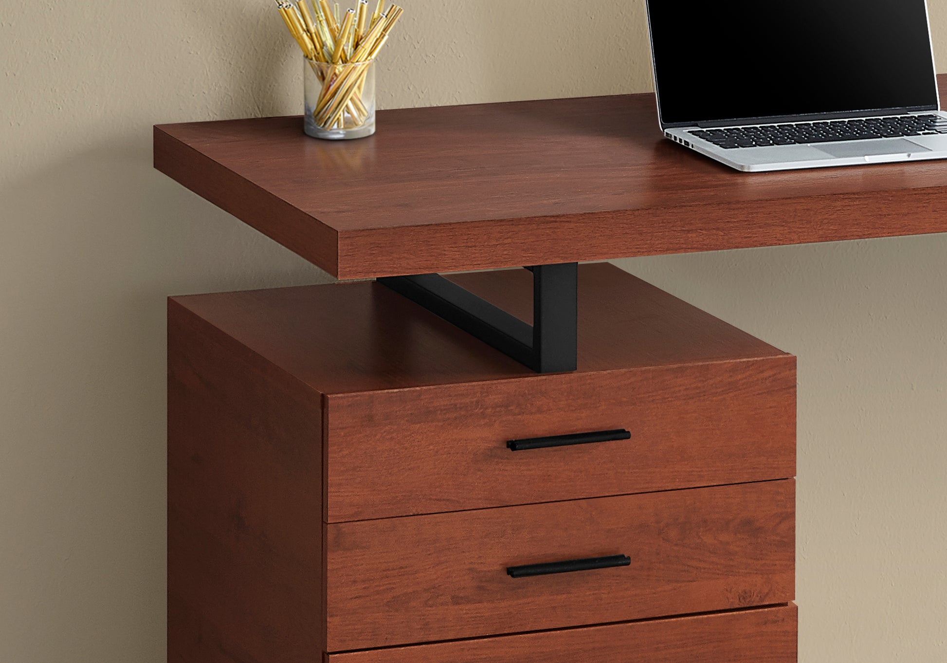 Computer Desk, Home Office, Laptop, Left, Right Set Up, Storage Drawers, 48"L, Work, Brown Laminate, Black Metal, Contemporary, Modern Cherry Particle Board