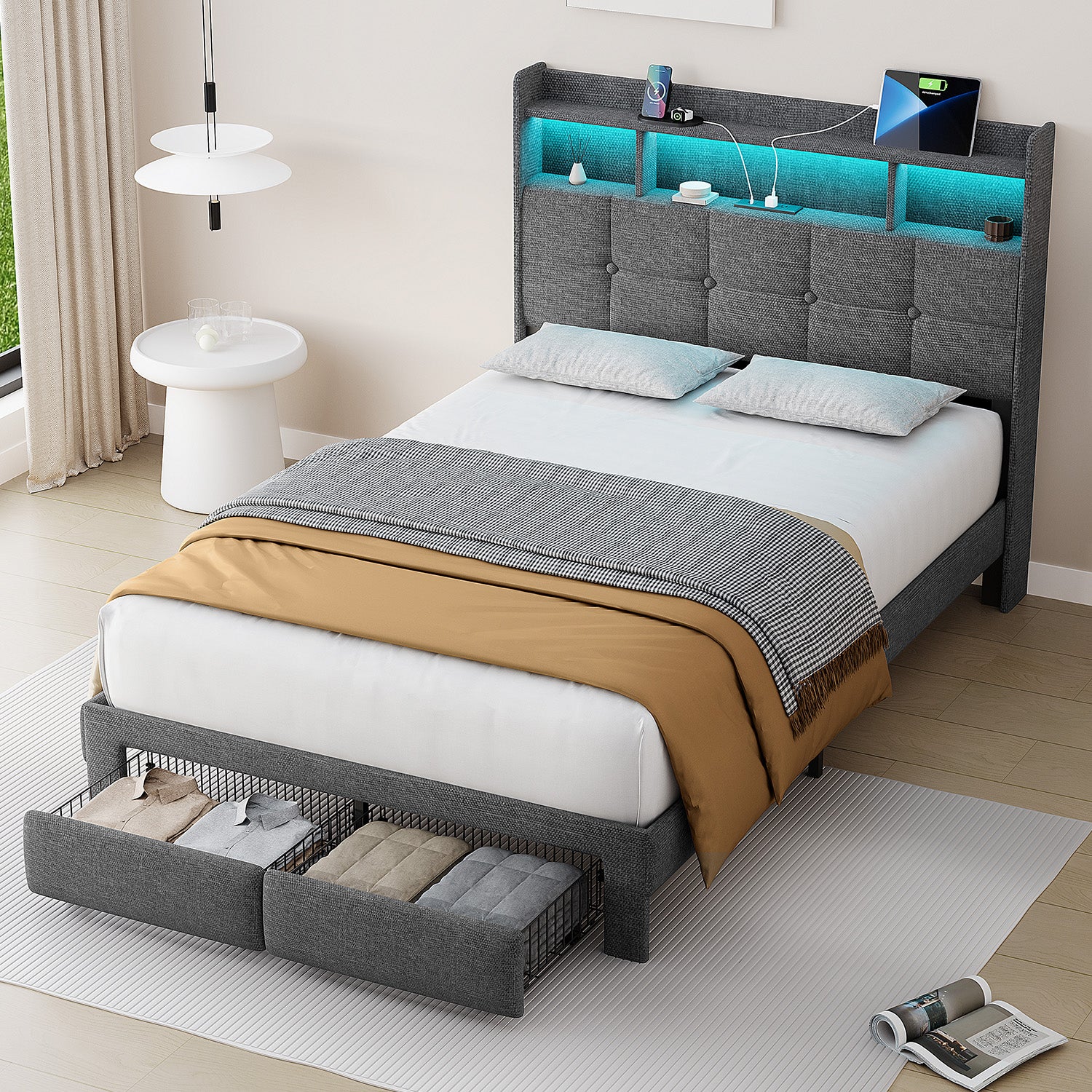 Bed 778Full Lg Clb Full Light Gray Wood Fabric