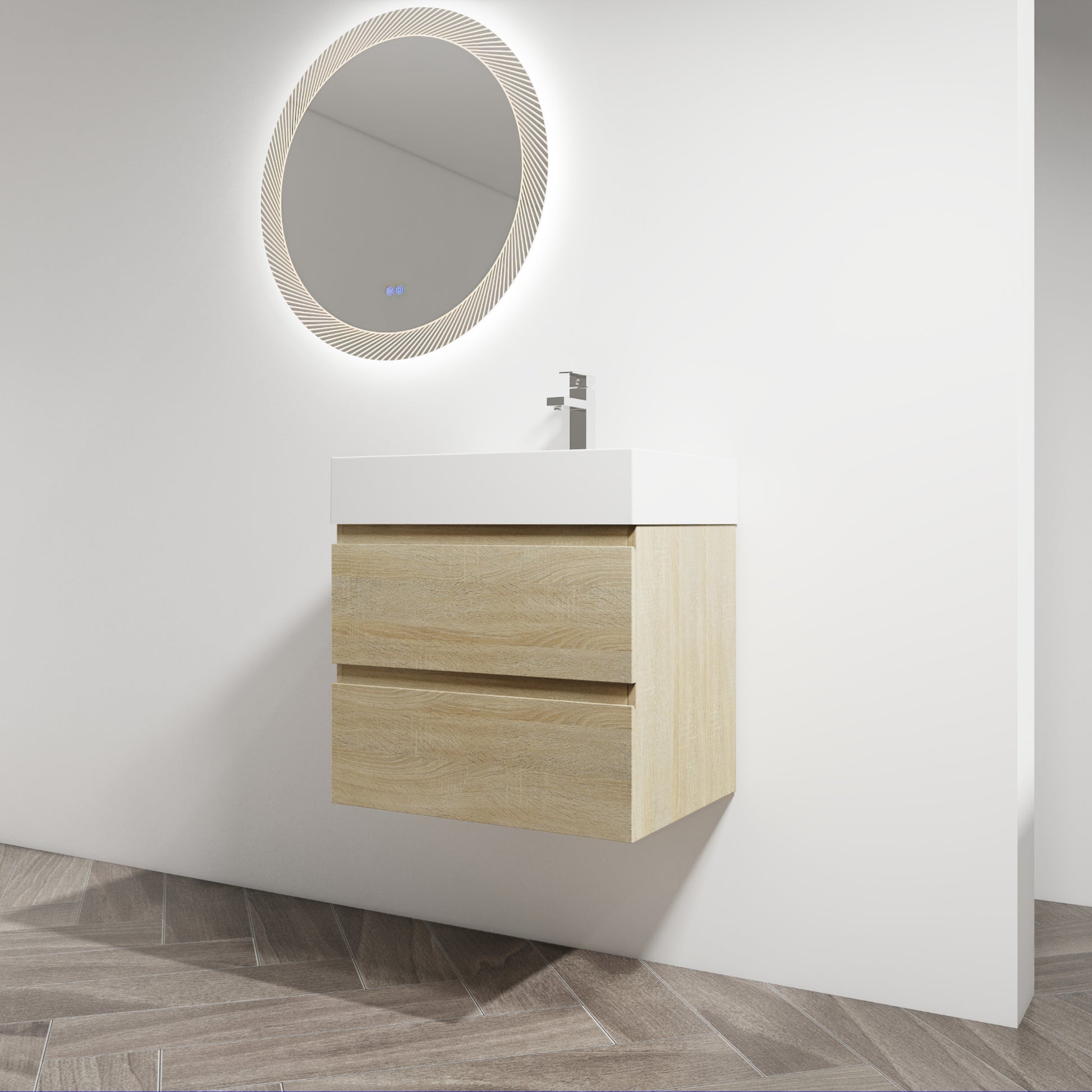 24" Wall Mounted Bathroom Vanity With Resin Sink, 2 Soft Close Drawers, Kd Package 2 Light Oak Bathroom Wall Mounted Modern Plywood