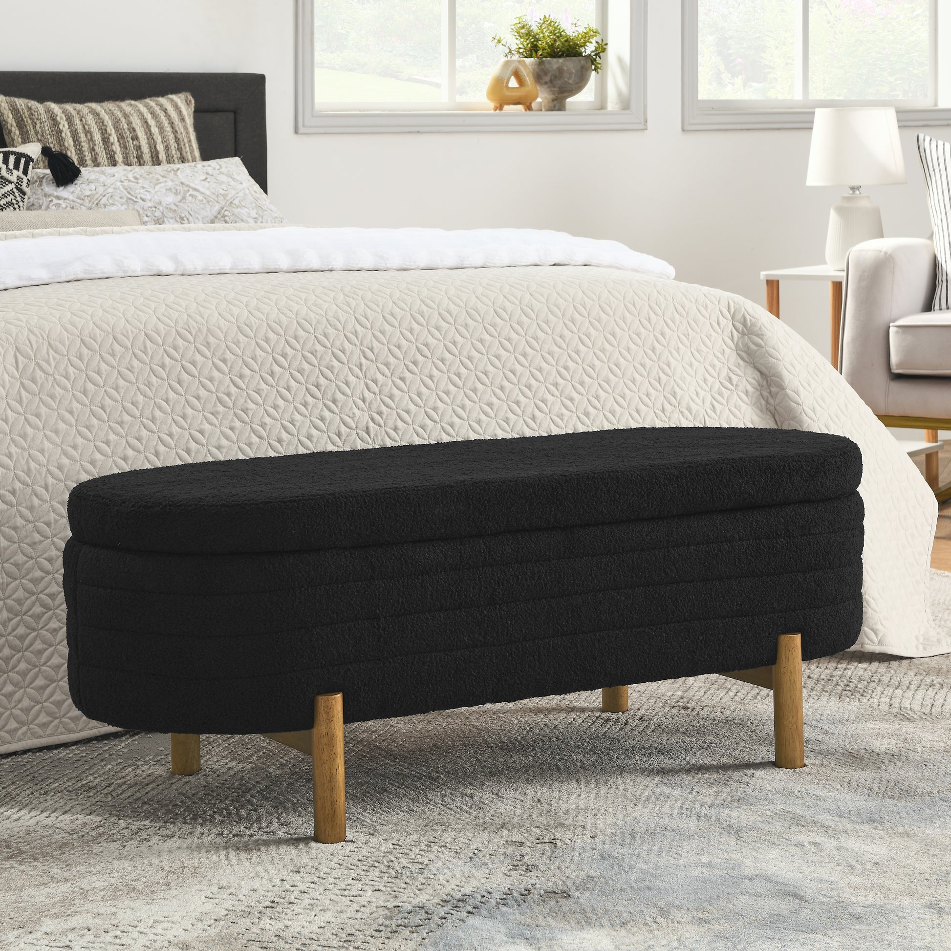 Ottoman Oval Storage Bench,Rubber Wood Leg,Black 46."X17.7"X10.8" Black Foam