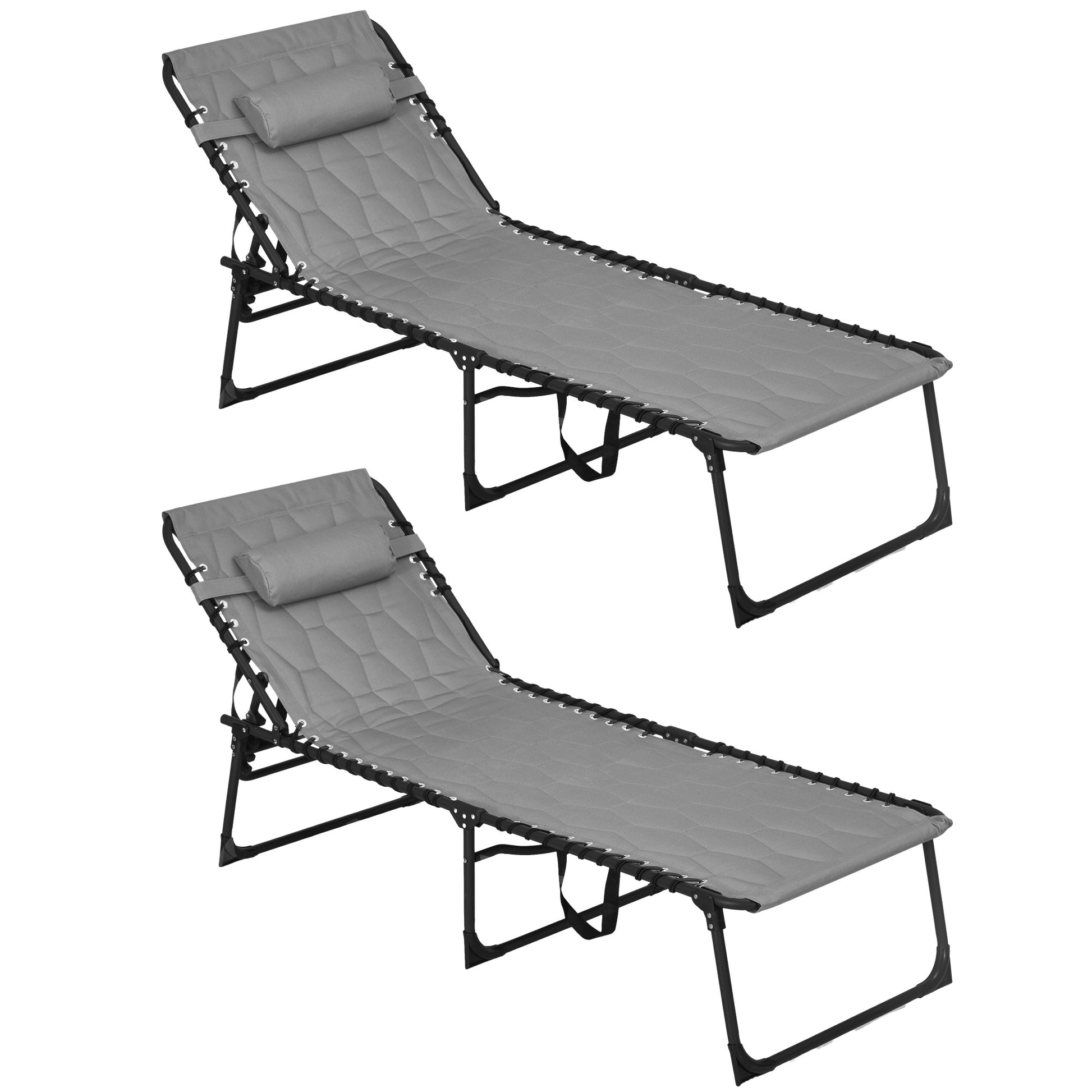 Outsunny Folding Chaise Lounge Set With 5 Level Reclining Back, Outdoor Lounge Tanning Chair With Padded Seat, Side Pocket & Headrest For Beach, Yard, Patio, Gray Grey Steel