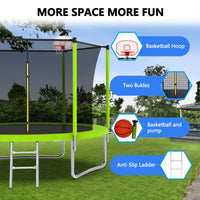 10Ft Trampoline For Kids, Basketball Hoop And Ladder, Outdoor Kids Trampoline With Safety Enclosure,Fast Assembly For Backyard Fun,Astm Approved Green Metal