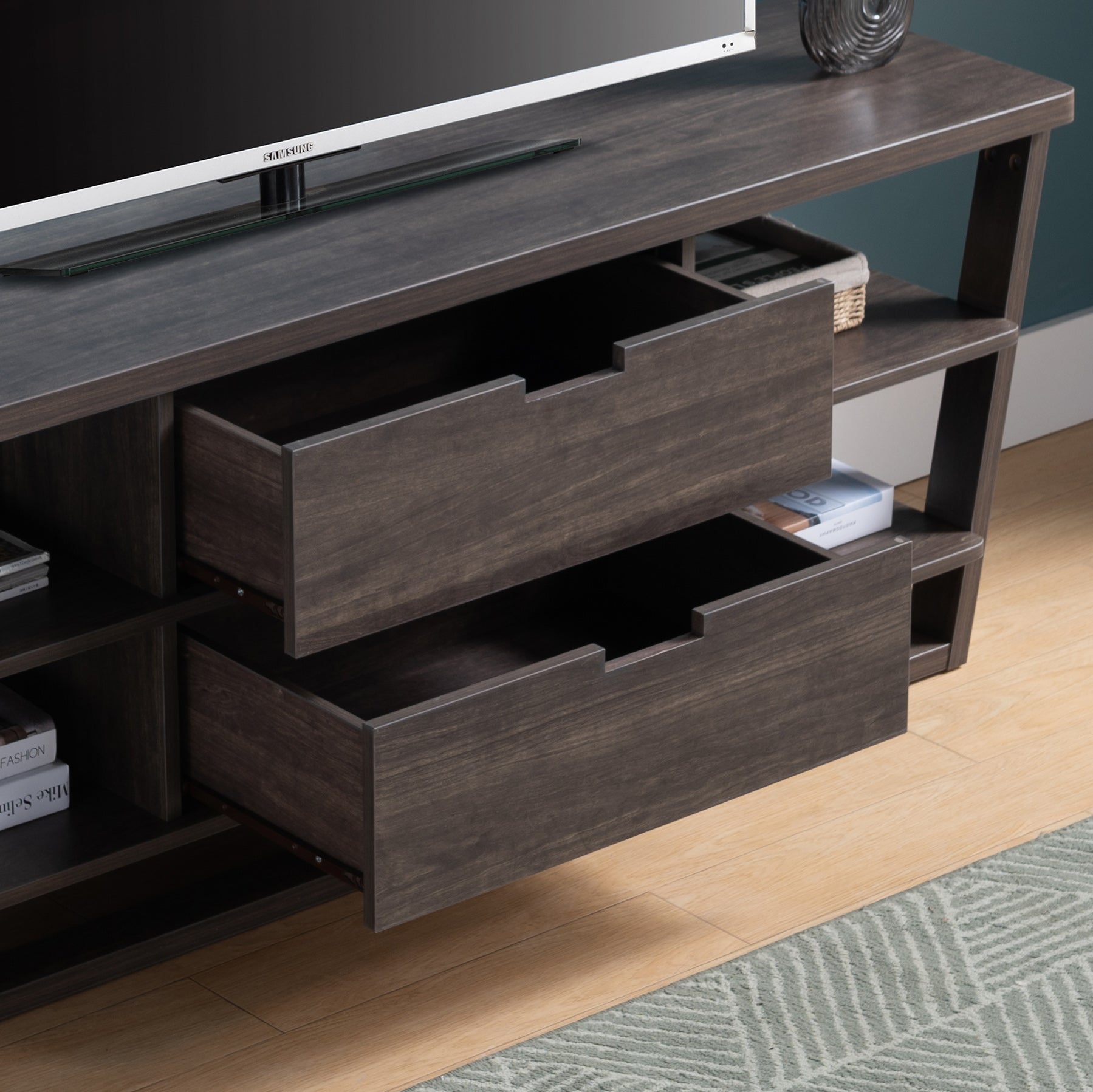 Tv Stand In Brown Walnut With Floating Shelves, Drawers, And Cutout Handles Modern And Functional Design For Entertainment Space Walnut Brown 60 69 Inches Mdf