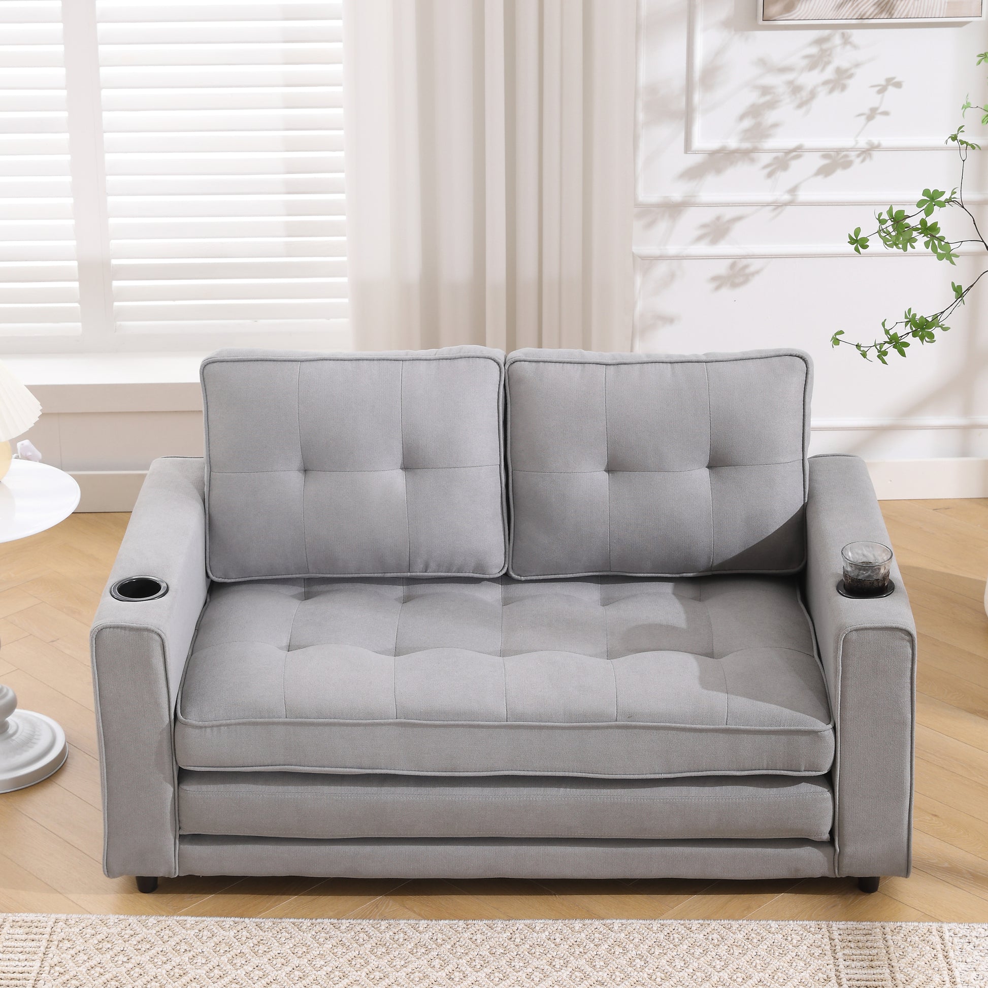 3 In 1 Upholstered Futon Sofa Convertible Sofa Bed,Foldable Tufted Loveseat With Pull Out Sleeper Couch Bed,Folding Mattres Beautiful Seat Daybed W Side Pockets And Cup Holder, Light Gray Light Gray Foam Fabric