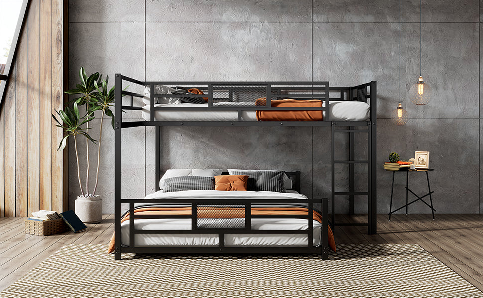 L Shaped Metal Twin Over Full Size Bunk Bed, Black Box Spring Not Required Black Metal Metal