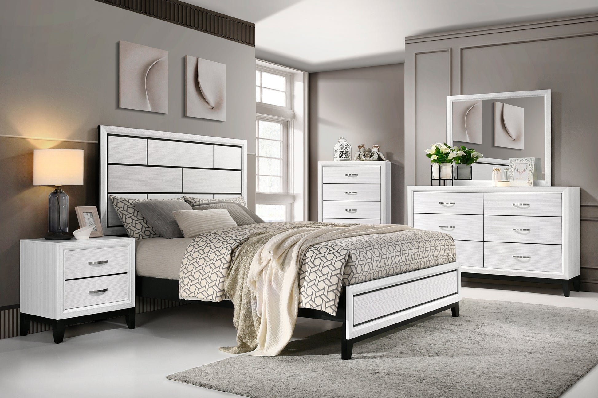 Modern Contemporary White Finish King Bed 1Pc Wooden Bedroom Furniture Black Line Design Box Spring Required King White Wood Bedroom Wood