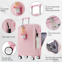 Front Opening 20 Inch Carry On Luggage With Expandable Travel Bag Set, Abs Hard Shell Two Piece Suitcase Set With Usb Portcup Holder, Pink Pink Abs