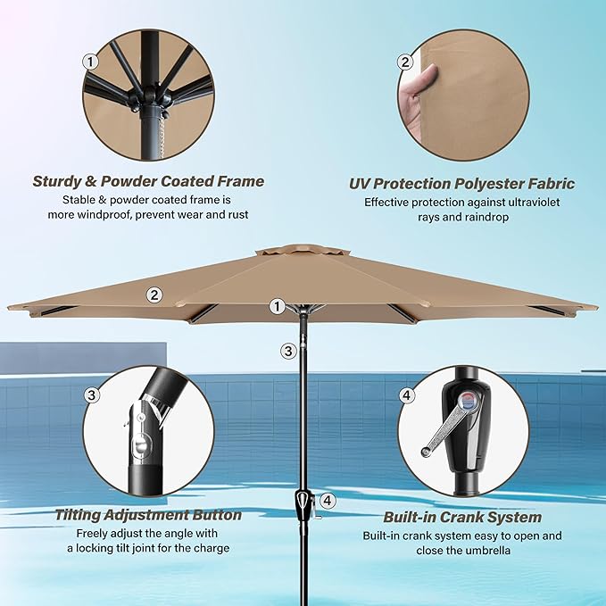 10Ft Outdoor Market Patio Umbrella With 8 Sturdy Ribs, Tilt Crank Push Button For Garden, Deck, Backyard And Pool Tan Stainless Steel