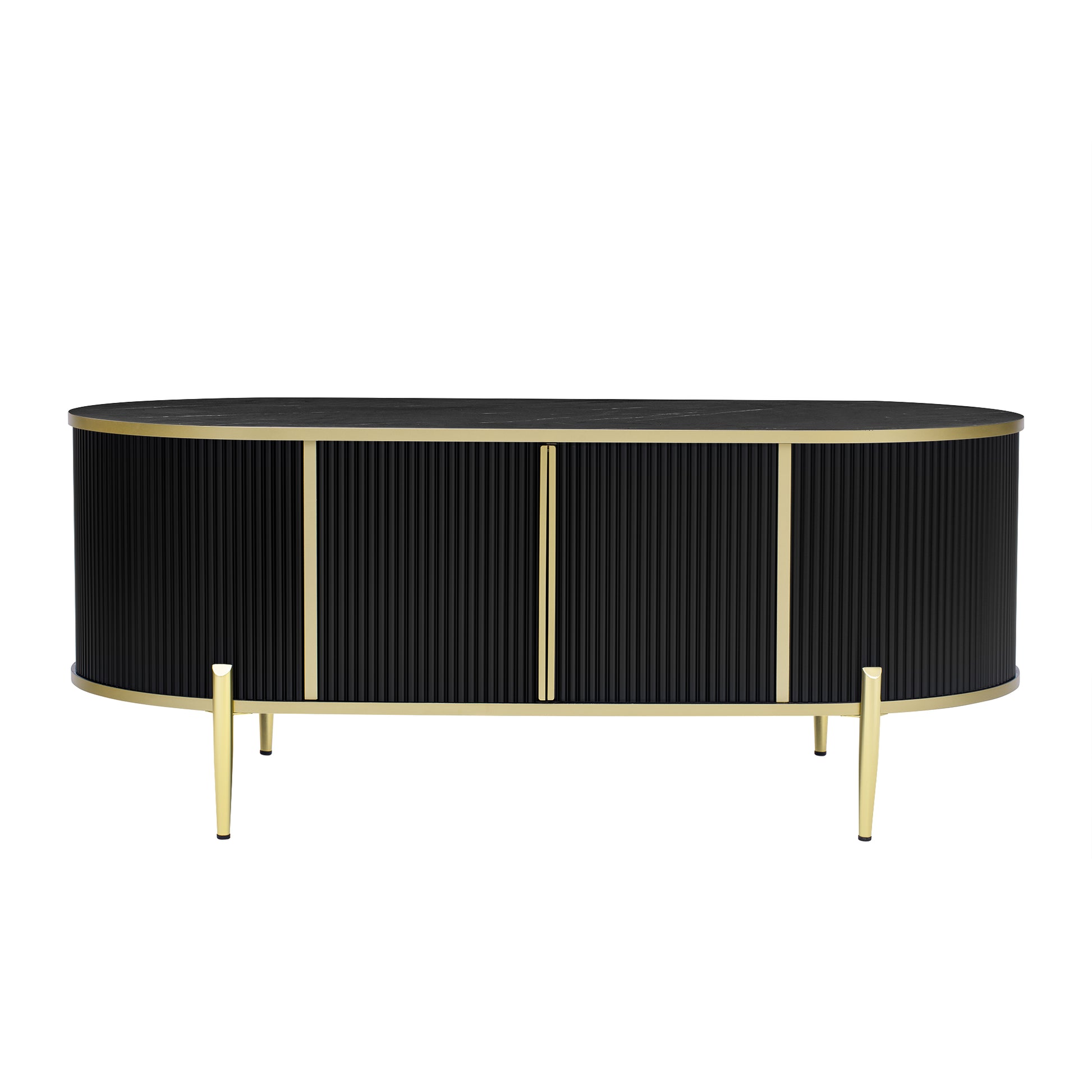 Modern Luxury Oval Shaped Fluted Coffee Table, Marble Patterned Top Coffee Table With 2 Cabinets, Metal Legs And Handles For Living Room, Black Date Of Expected Arrival: 11.20 Black Mdf