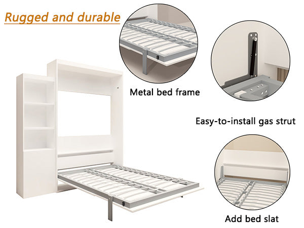 Queen Size Morden Deisgn Big Size Vertical Murphy Bed With Table And Shelf For Bedroom Or Guestroom White Wall Bed Space Saving Hidden Bed With Style Gas Struts Box Spring Not Required Queen White Metal Bedroom Murphy Plywood