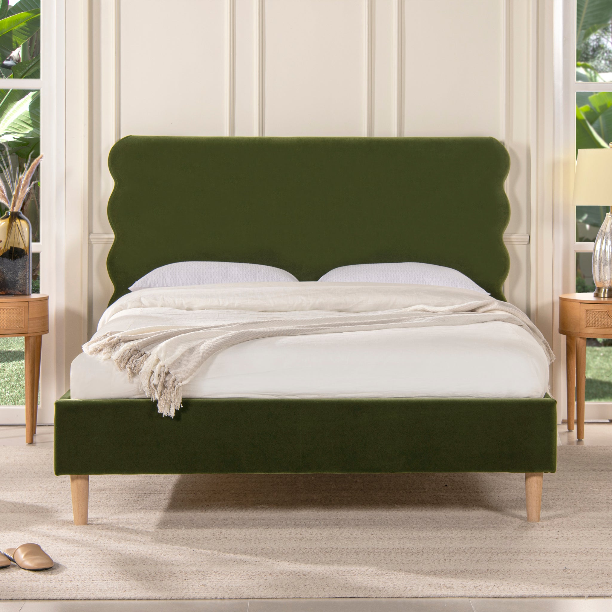 Stockholm Modern Wavy Headboard Platform Bed, Queen, Olive Green Performance Velvet Box Spring Not Required Queen Olive Green Wood Foam Velvet Velvet