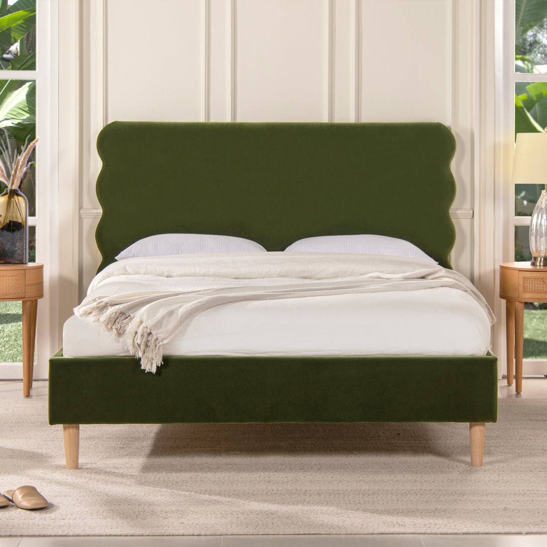 Stockholm Modern Wavy Headboard Platform Bed, Queen, Olive Green Performance Velvet Box Spring Not Required Queen Olive Green Wood Foam Velvet Velvet