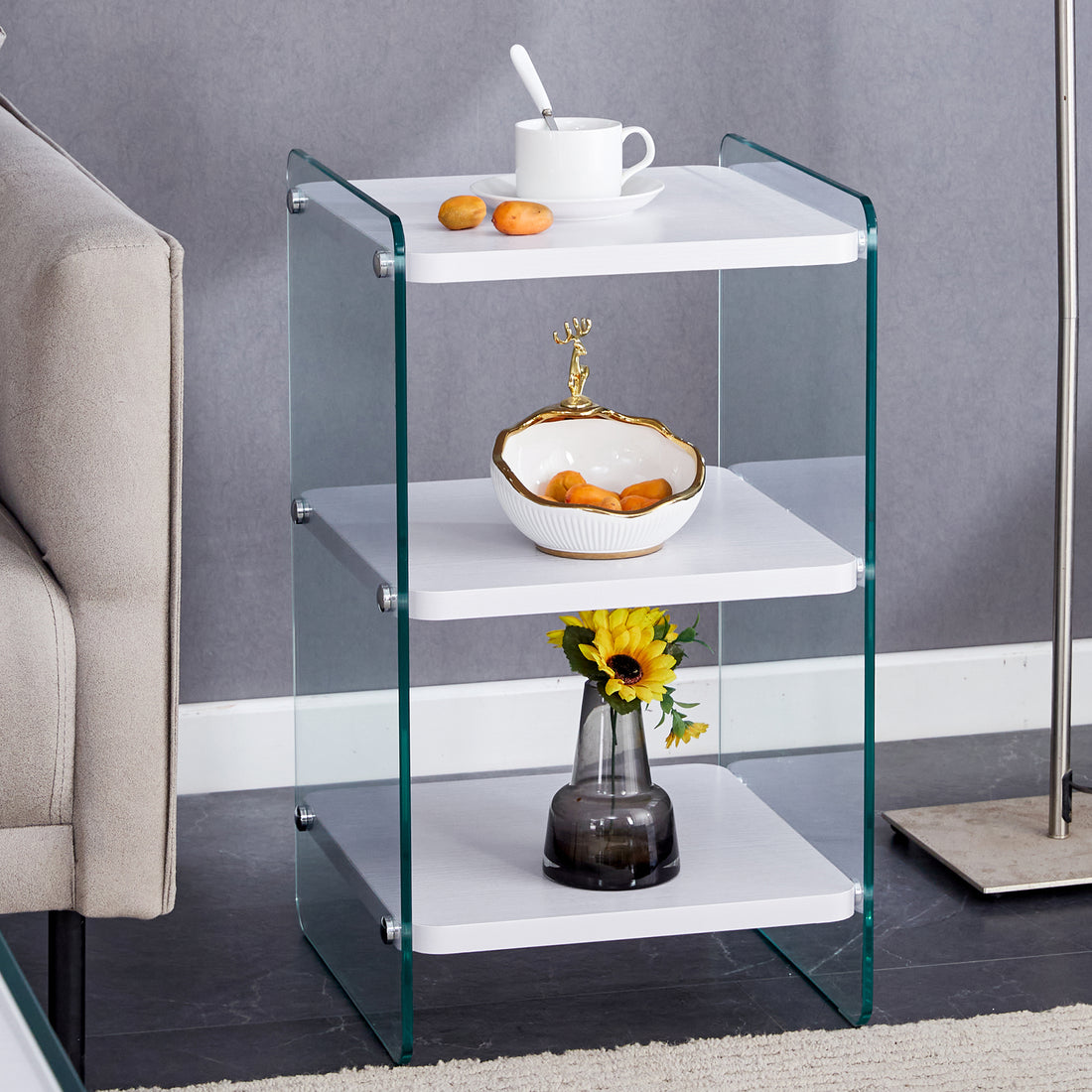 Three Levels Of Bedside Tables. The Board Surface Is Mdf, With White Stickers, And Both Sides Are Transparent Tempered Glass. The Design Is Simple And Generous, With Storage Function. White Mdf Glass